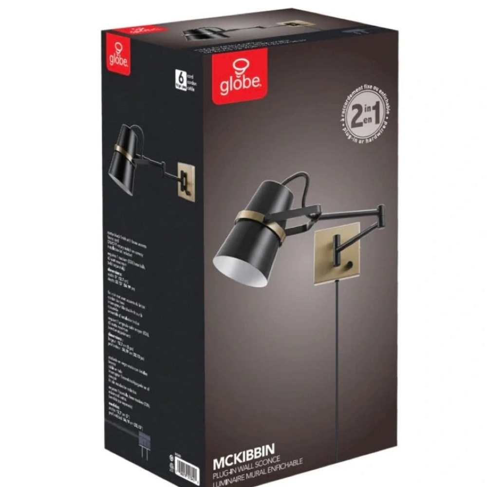 Globe Electric 22" 1-Light Matte Black Plug-in or Hardwire Swing Arm Wall Sconce